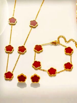Red Long Clover Set - 18K Gold Plated