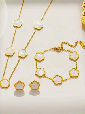 White Long Clover Set - 18K Gold Plated